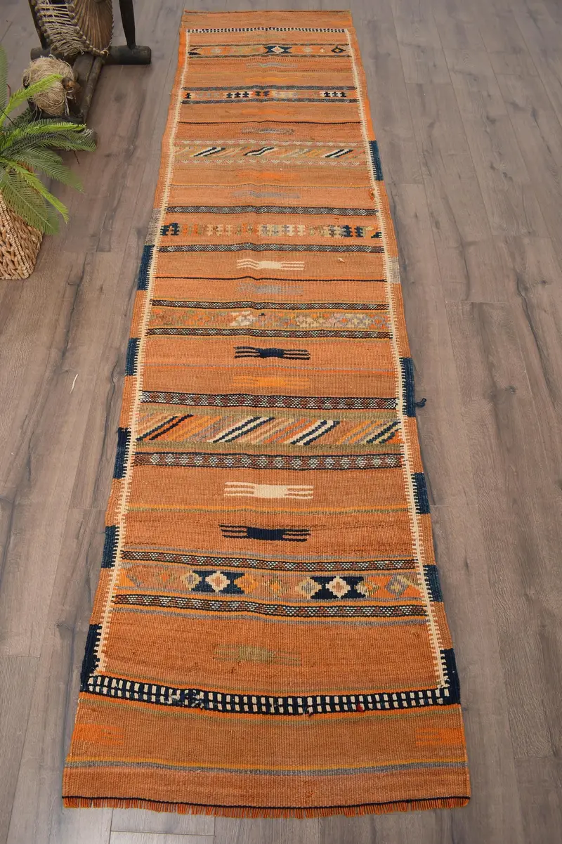 Alfombra vintage de 2,5x10,1 pies, alfombra de corredor turco, alfombra de lana de camuflaje azul naranja - 1