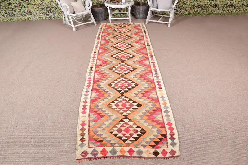 3.2x11.5 ft Turkish Runner Rug, Vintage Orange Polka dot Rug - 1