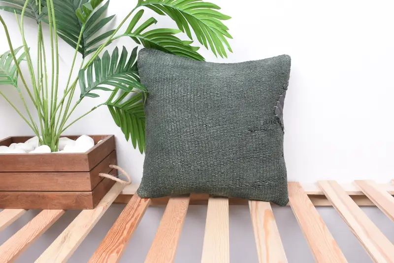 Authentic Cushion, Handmade Cushion Case, Vintage Kilim Throw Pillow, 14x14 Green Cushion Case, Vintage Pillow, Boho Pillow Sham Cover, Pillow - 1