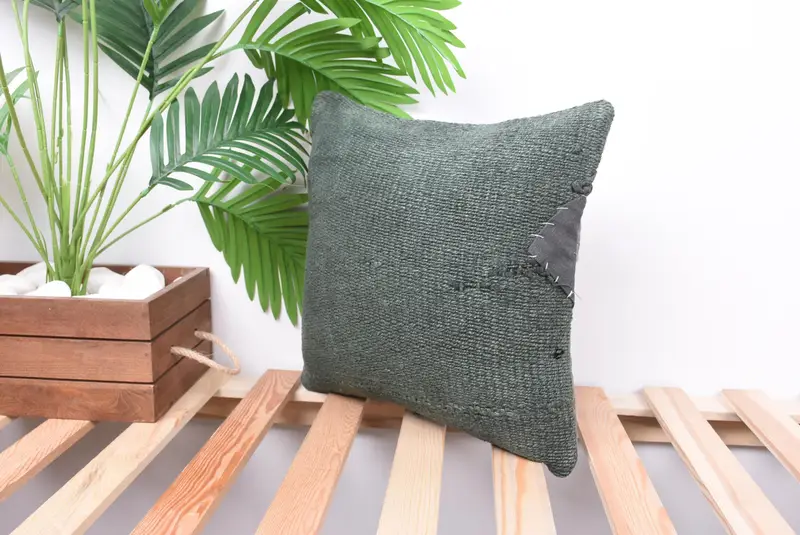 Authentic Cushion, Handmade Cushion Case, Vintage Kilim Throw Pillow, 14x14 Green Cushion Case, Vintage Pillow, Boho Pillow Sham Cover, Pillow - 5