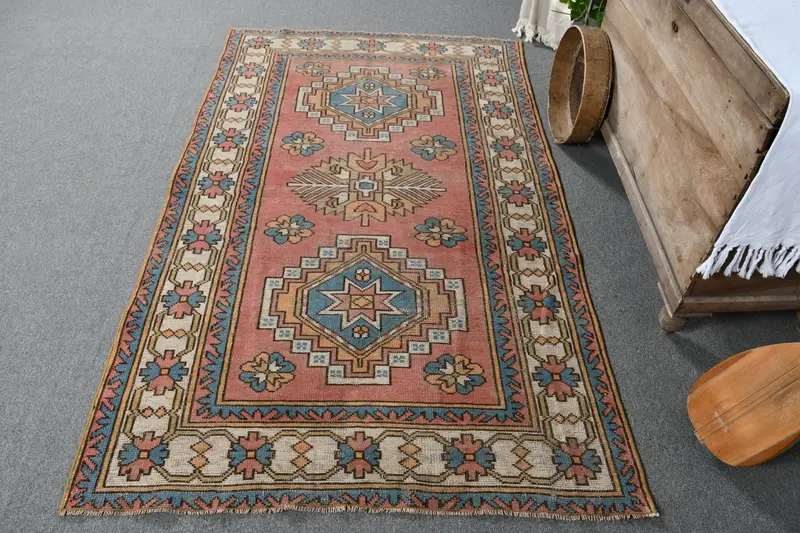 ピンク & ブルー ラグ、4.2x6.7 フィート ボタニカル デザイン