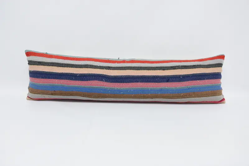 Blau und rosa gestreiftes Kissen, handgemachtes Kissen aus Hanf und Wolle