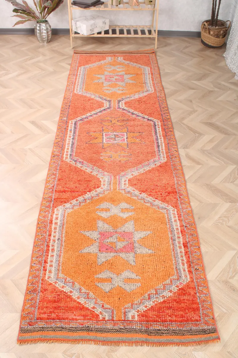 Türk Yolluk Halısı 3.2x11 ft, Turuncu Gri Ombré Halı Yün - 1