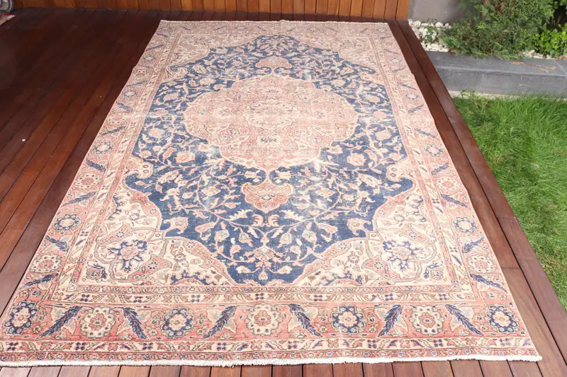 Alfombra vintage turca, alfombra grande de 5,8x9,4 pies (178x286 cm), alfombra de lana maciza azul - 1