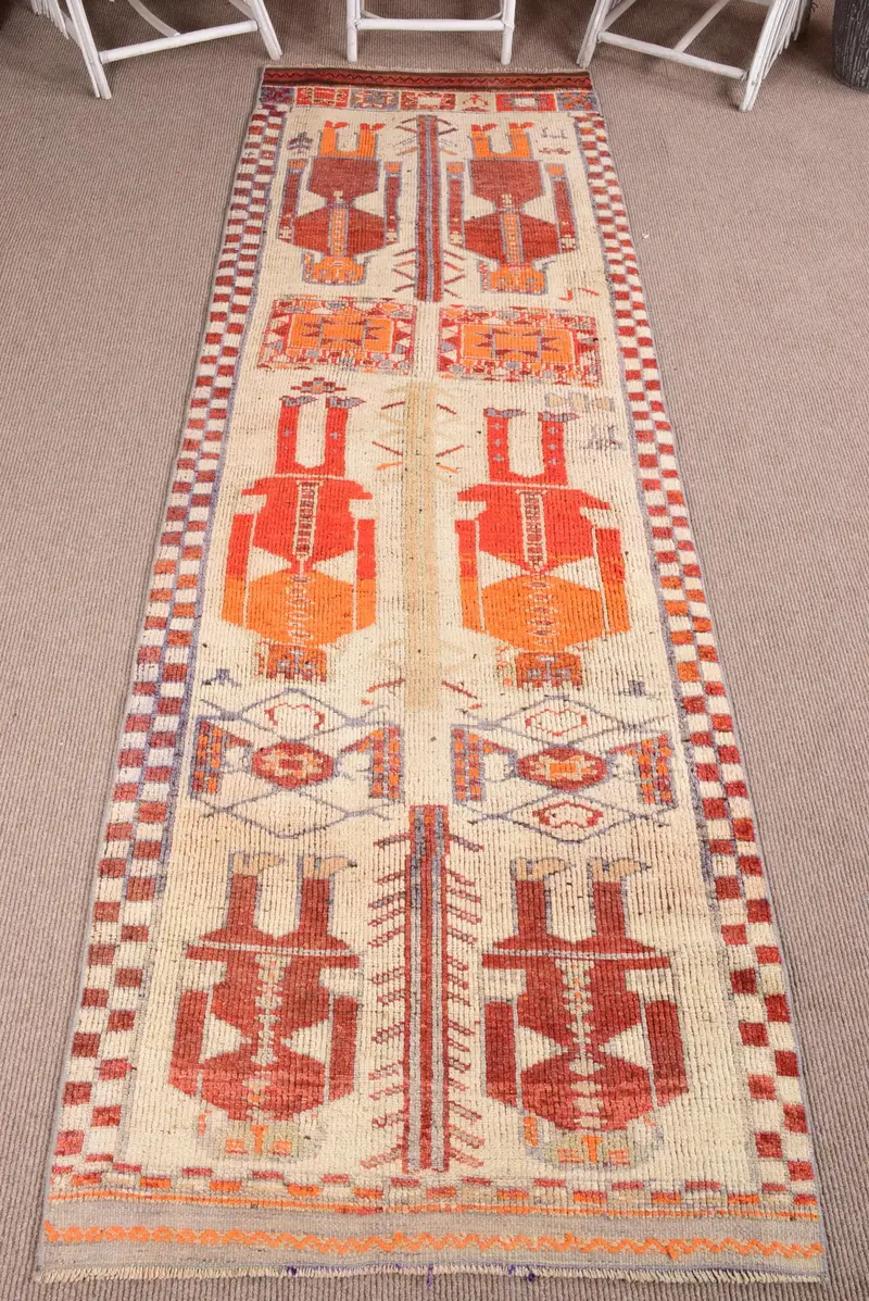 Türk Vintage Halı, Yolluk 3.7x11 ft (113x336 cm) Halı, Kırmızı Oryantal Yün Halı - 1