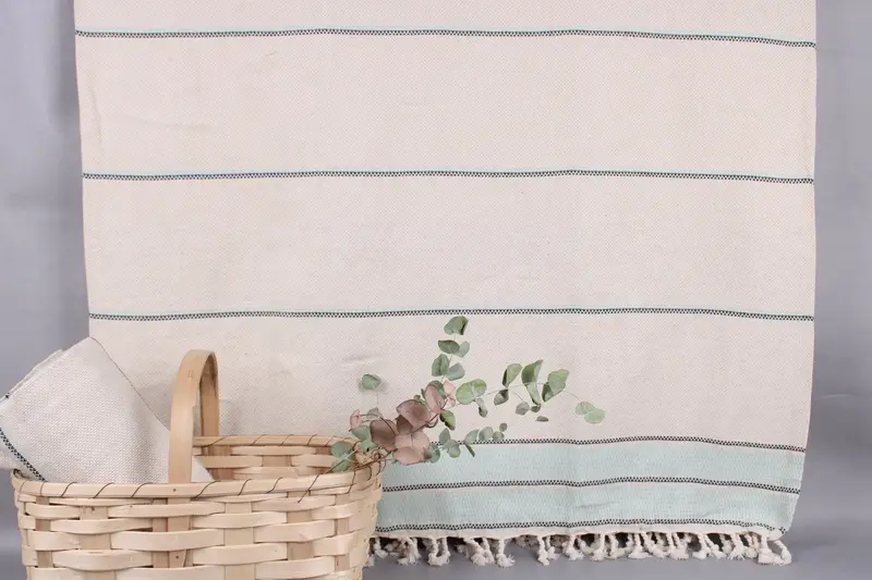 Turkish Throw Blanket Mint Striped, 95x103 Inches, Organic Cotton