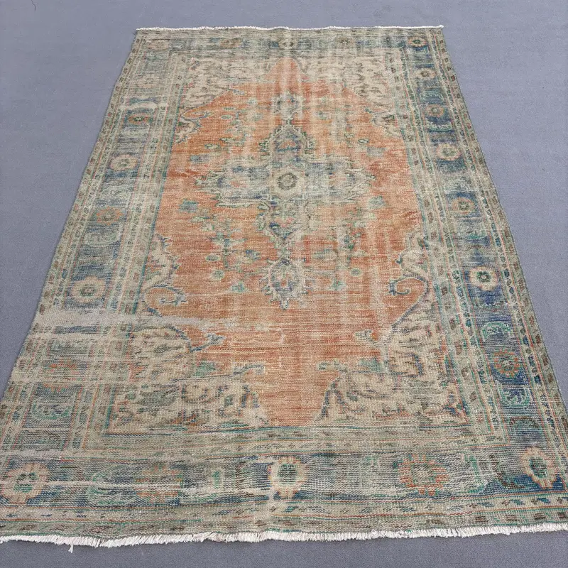 Türk Halısı, Büyük 6x9.6 ft Vintage Halı, Kahverengi Mavi Puantiyeli Yün Halı - 1