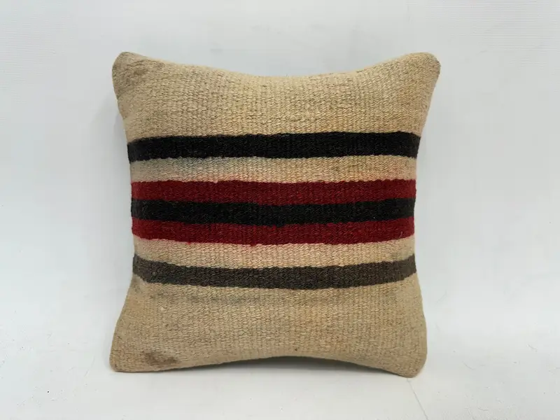 Beige & Brown Embroidered Stripe Throw Pillow, 12x12 Inches Decorative Pillow - 1