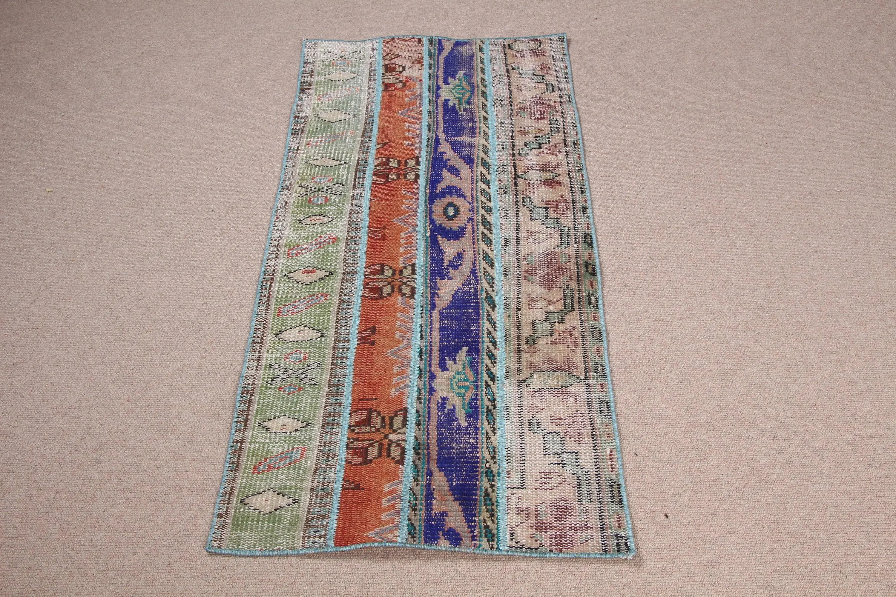 2x4,3 ft türkischer Teppich, kleiner Vintage Teppich, blau oranger Teppich - 1