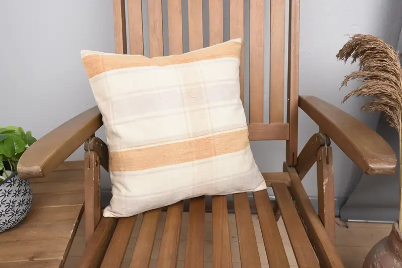 Square Striped Vintage Cushion Case, Antique 16x16 inch FloorOrange Wool Cushion Cover - 1