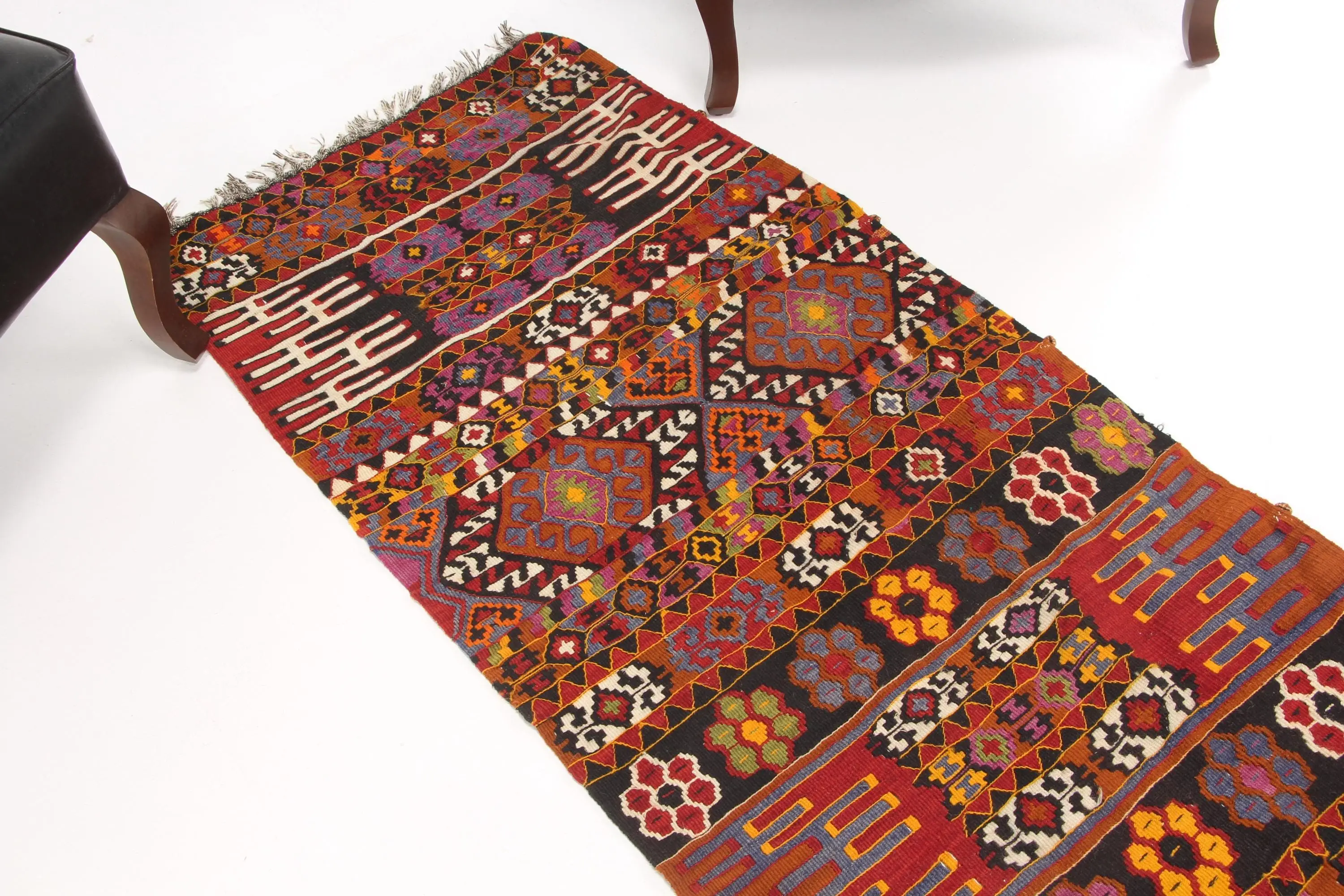 2.4x15.4 ft Rug, Turkish Vintage Rug, Red Blue Southwestern Wool Rug - 1