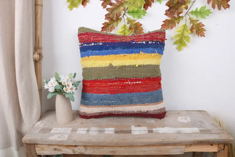 Boho Pillow Sham Cover, 16x16 Red Cushion, Vintage Kilim Throw Pillow, Pillow Cover, Farmhouse Cushion Case, Antique Pillows, Kilim Rug Pillow Cover - 1