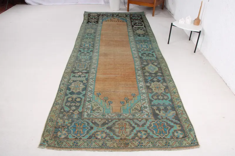 Handmade Moroccan Rug, Green & Orange 0,4x11,8 ft