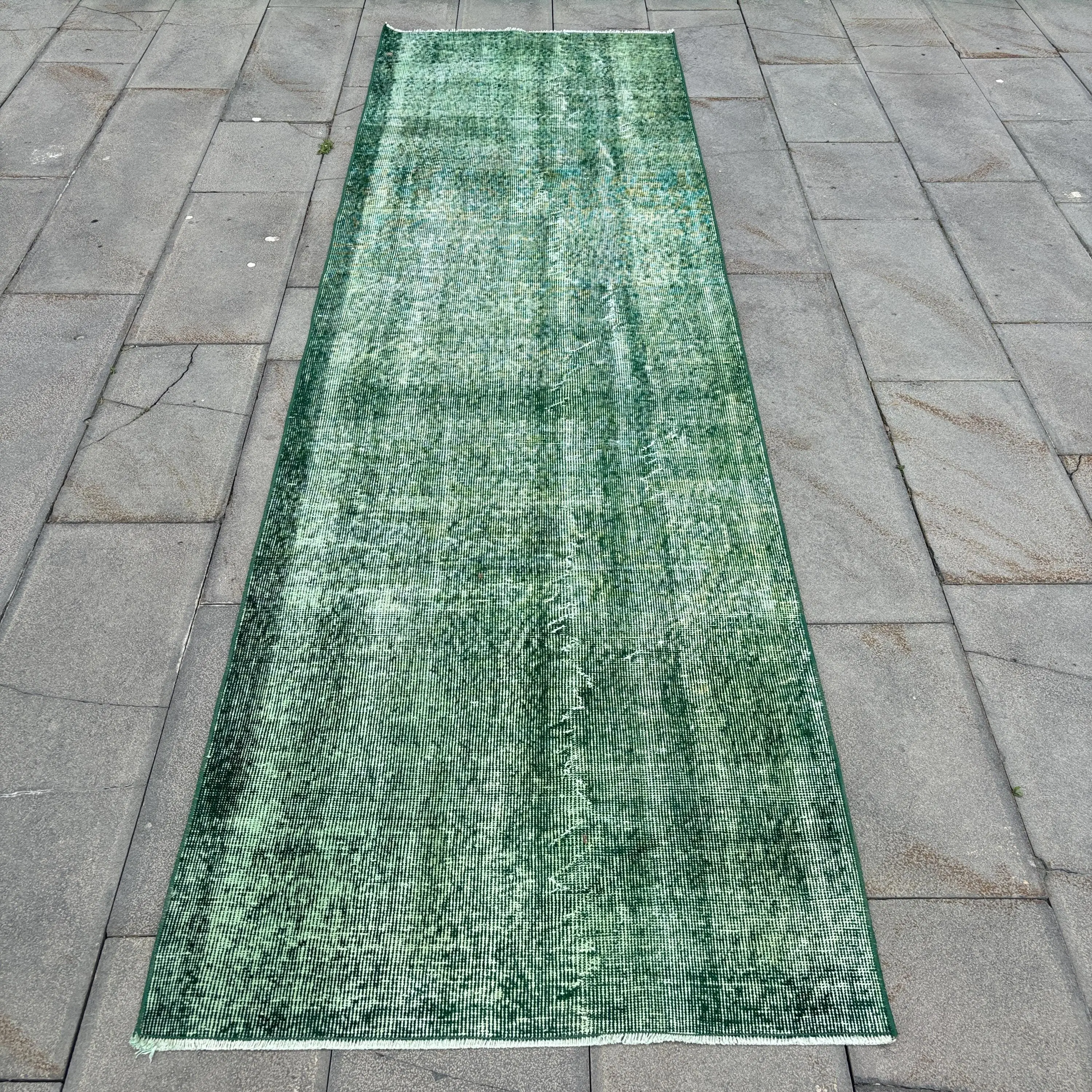 Turkish Vintage Rug 3x9.9 ft, Green Abstract Rug - 1