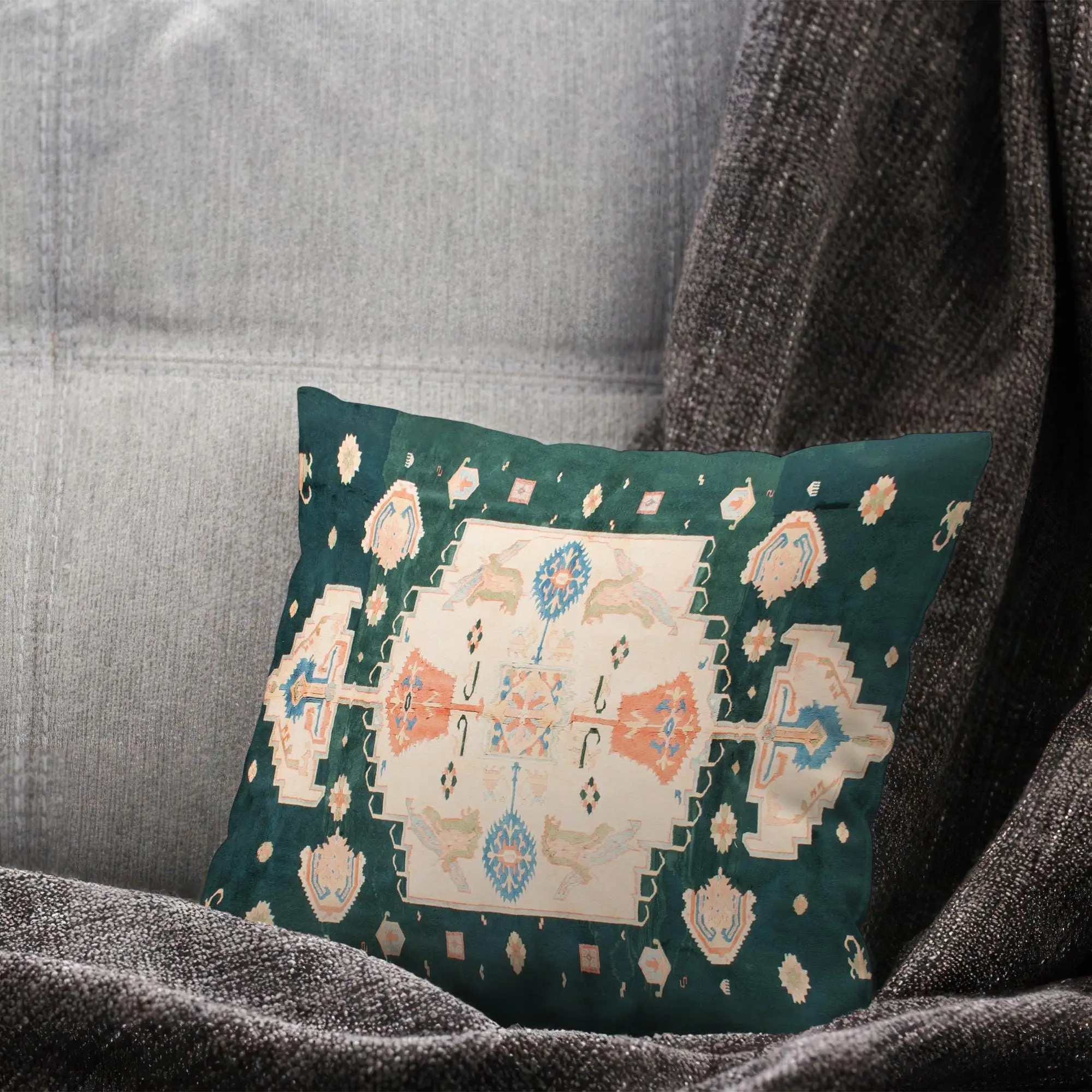 Oushak Kilim Design Printed Pillow, Tribal Style Home Decor Accent - 1