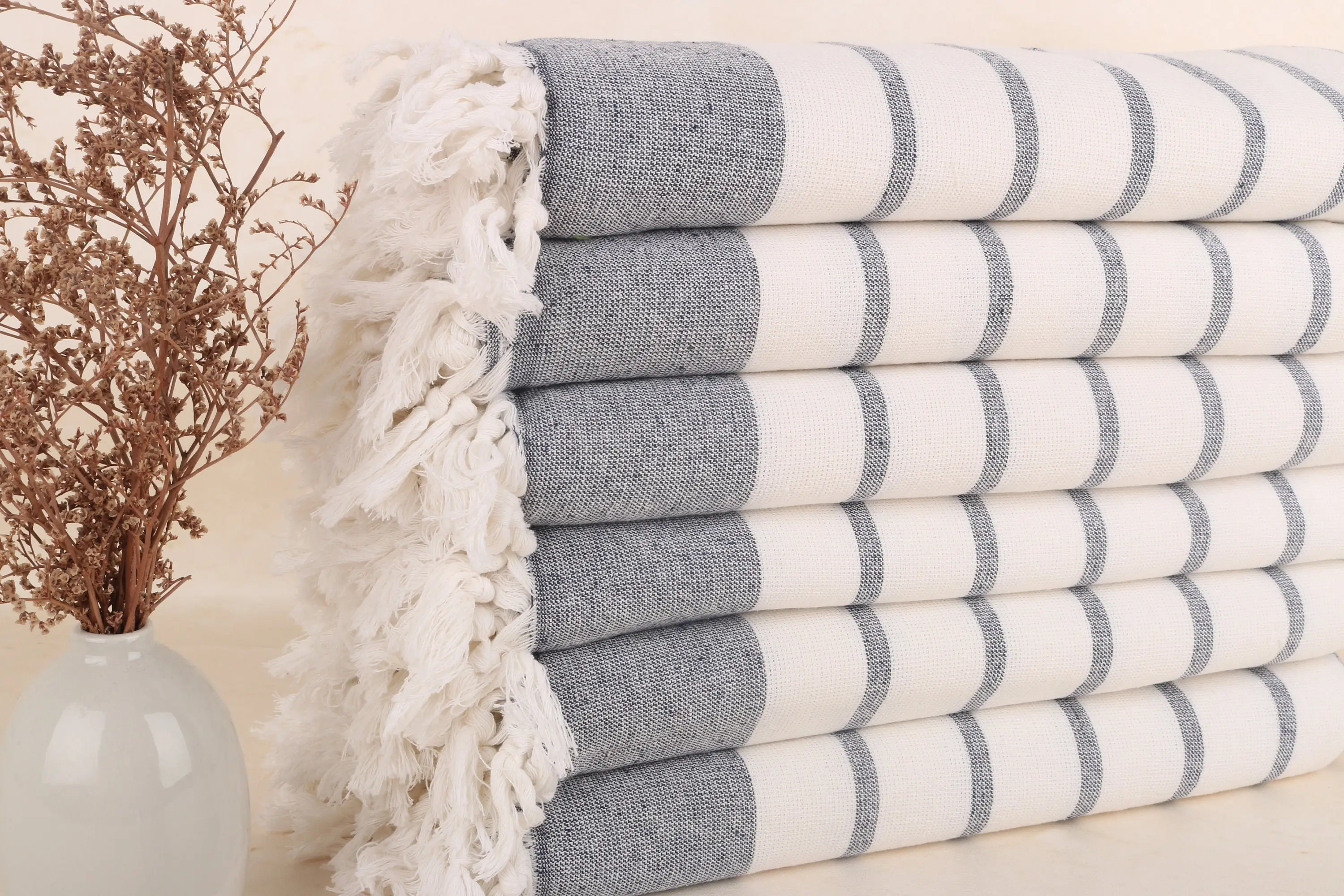 Embroidered Beach Towel Navy Striped, Beige, Organic Cotton, 39x67 Inches - 1