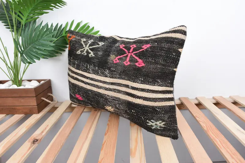 Gift Pillow, Kilim Pillow Cover, Pillow Sham, Neutral Cushion Case, Antique Pillows, Nomadic Cushion, Boho Throw Pillow, 16x24 Brown Pillow Sham - 5