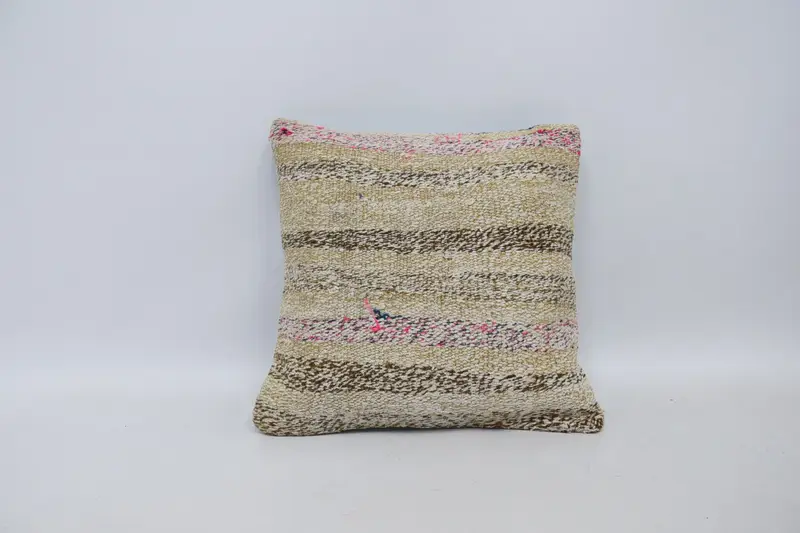 Handgewebter quadratischer Vintage-Kissenbezug, gestreift, beige, 40,6 x 40,6 cm, antiker Kissenbezug - 1