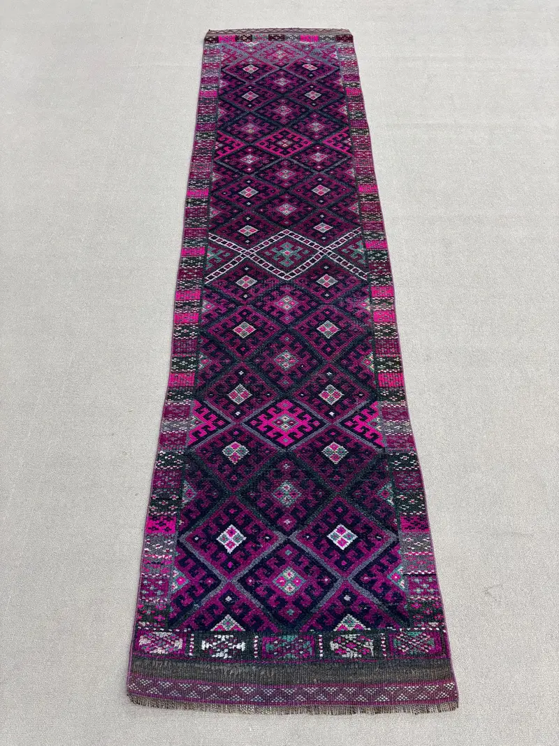 Vintage Turkish Rug 2.8x11.2 ft, Herki Purple Oriental Wool Rug - 1