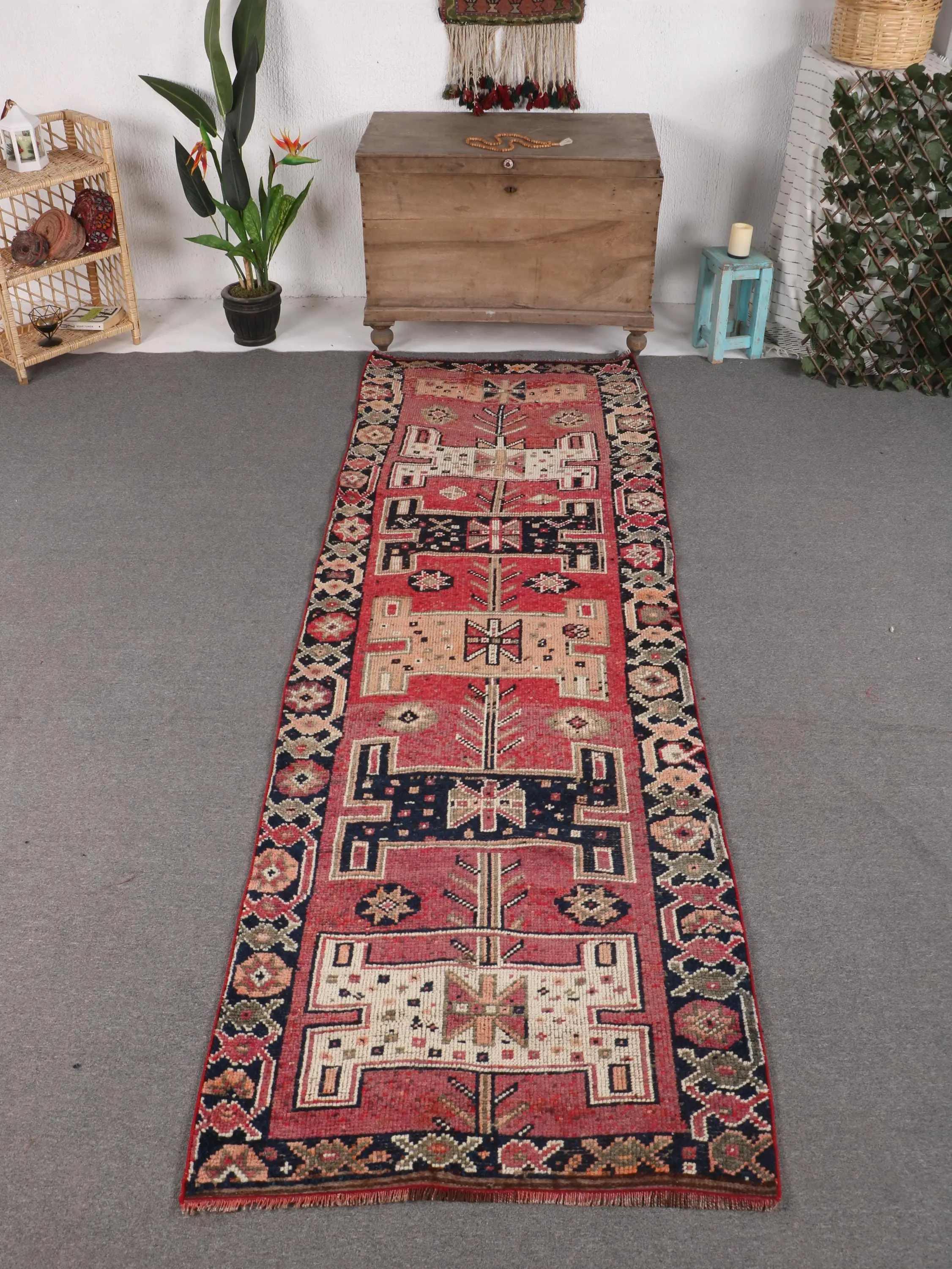 3.2x9.8 ft Turkish Runner Rug, Vintage Red Check Rug - 1