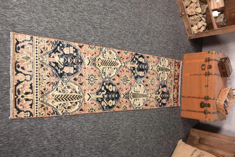 Oushak Vintage Rug, 2.3x7.9 ft Turkish Rug, Bronze Floral Wool Rug - 1
