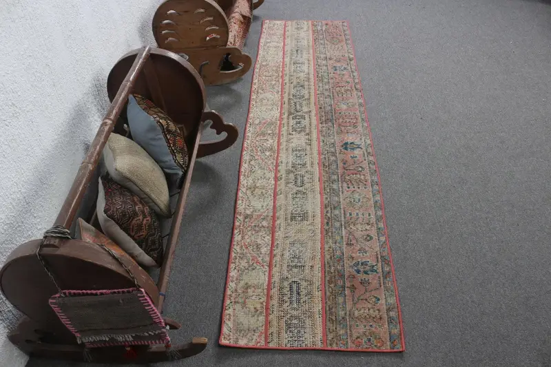 Turkish Rug, 1.9x7.6 ft Runner Rug, Red Blue Oushak Wool Rug - 1