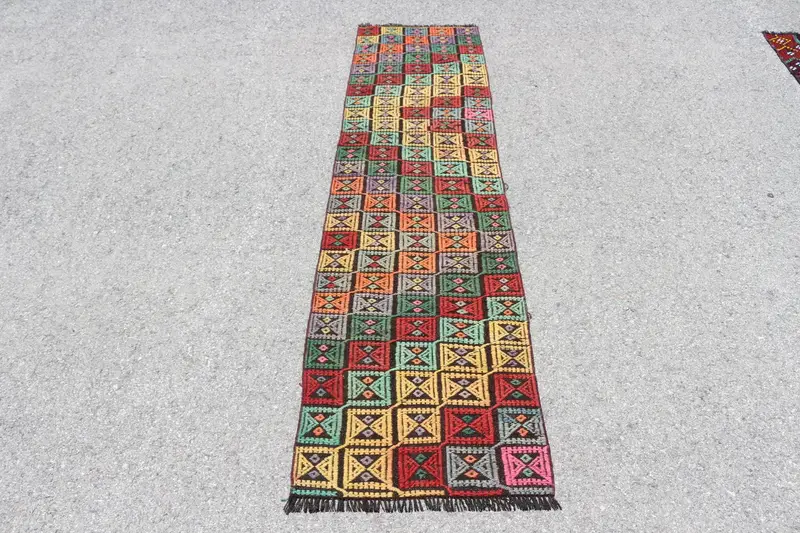 Vintage Türk Yolluk Halısı 1.9x7.5 ft, Kırmızı Yeşil Düz Halı - 1