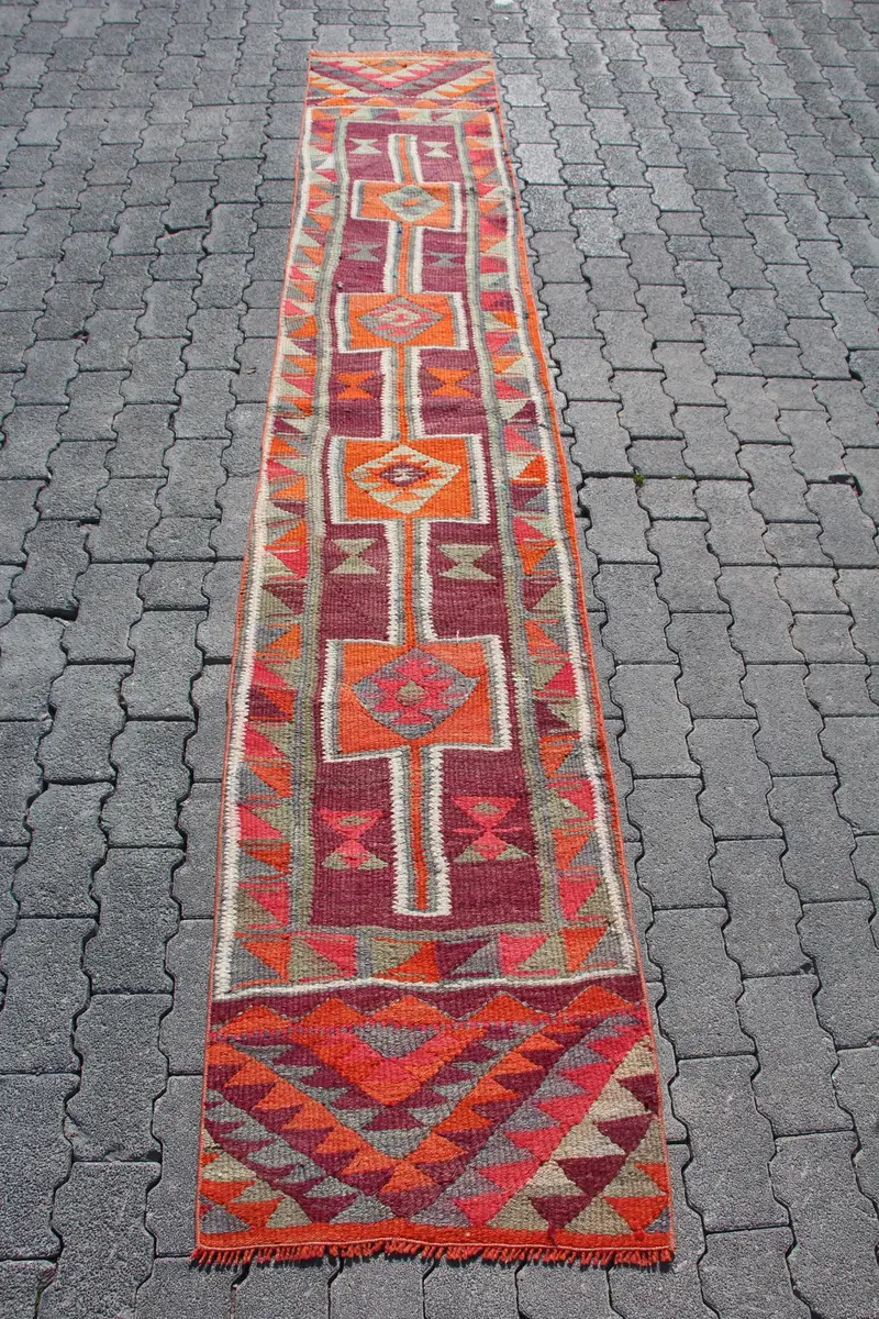 Mor & Turuncu Halı, 1,9x10,2 ft Bordürlü Tasarım