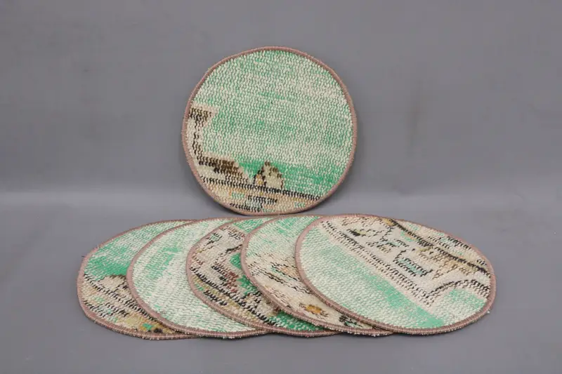 Grüne und braune böhmische Kreis-Tischsets, Esszimmerzubehör aus Baumwolle und Wolle