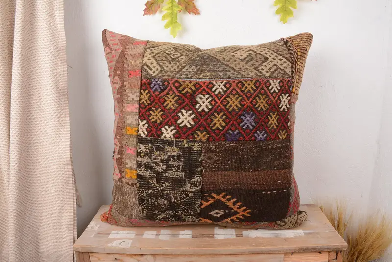 Red & Brown Patchwork Throw Pillow, 28x28 Embroidered Vintage Pillow