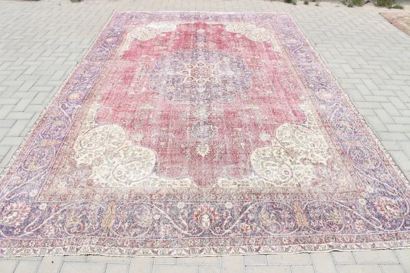 9,4 x 11,9 ft großer Vintage-Teppich, türkischer Übergröße-Teppich, rot-blauer Tarnteppich - 1