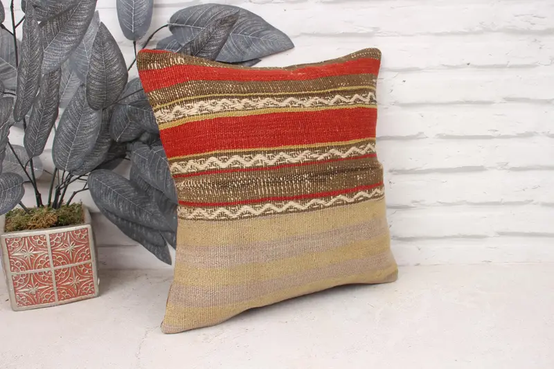 Cushion, Muted Pillow Sham, Gift Pillow, Handmade Kilim Cushion, Interior Designer Pillow, 14x14 Beige Pillow Case, Outdoor Patio Cushion Case - 3