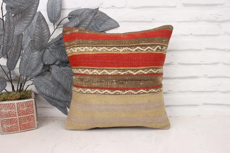 Cushion, Muted Pillow Sham, Gift Pillow, Handmade Kilim Cushion, Interior Designer Pillow, 14x14 Beige Pillow Case, Outdoor Patio Cushion Case - 1