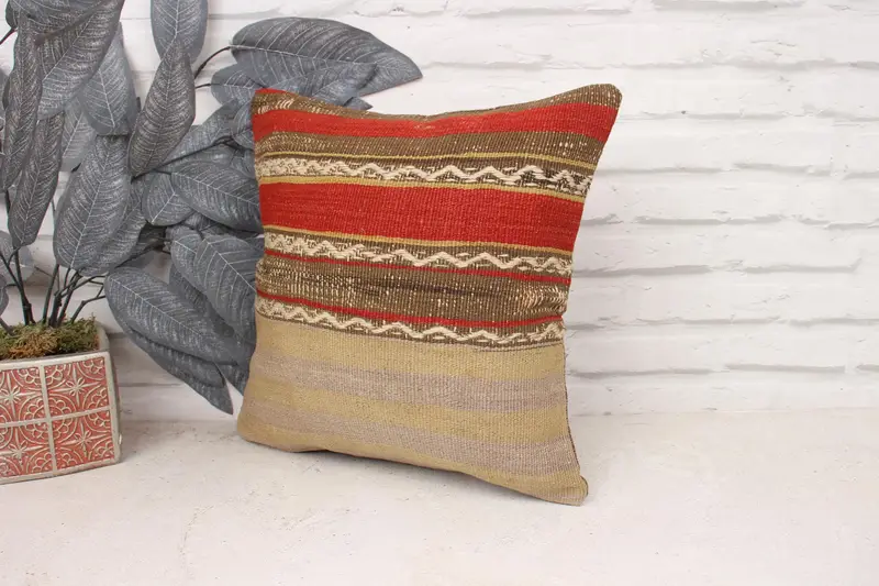 Cushion, Muted Pillow Sham, Gift Pillow, Handmade Kilim Cushion, Interior Designer Pillow, 14x14 Beige Pillow Case, Outdoor Patio Cushion Case - 4