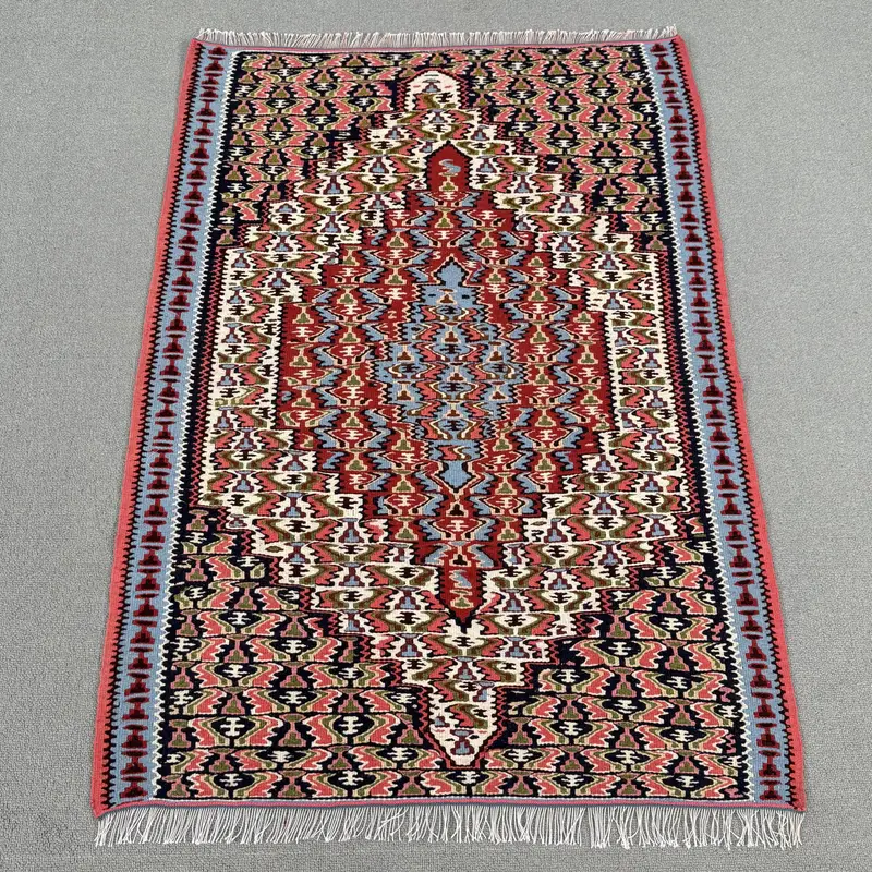 Kırmızı ve Mavi Oryantal Halı, 2,6x3,7 ft Zarif Dekor