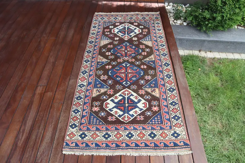 2.8x6 ft Accent Turkish Rug, Vintage Rug, Blue Red Ikat Wool Rug - 1