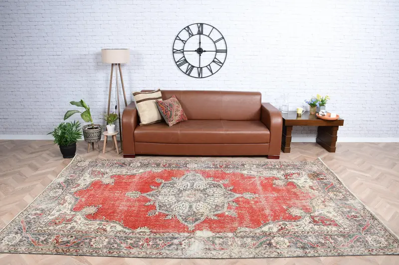 Vintage Türk Halısı 6.1x9.9 ft (185x303 cm), Oushak Kırmızı Gri Çizgili Halı - 1
