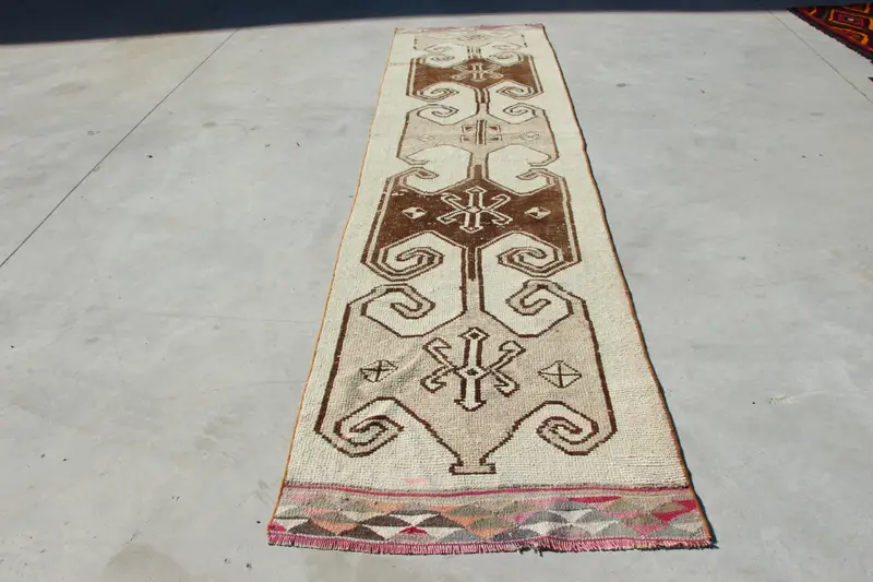 Vintage Runner Halı 3,1x12,2 ft (94x373 cm), Herki Kahverengi Bitkiler ve ağaçlar Türk Halısı - 1
