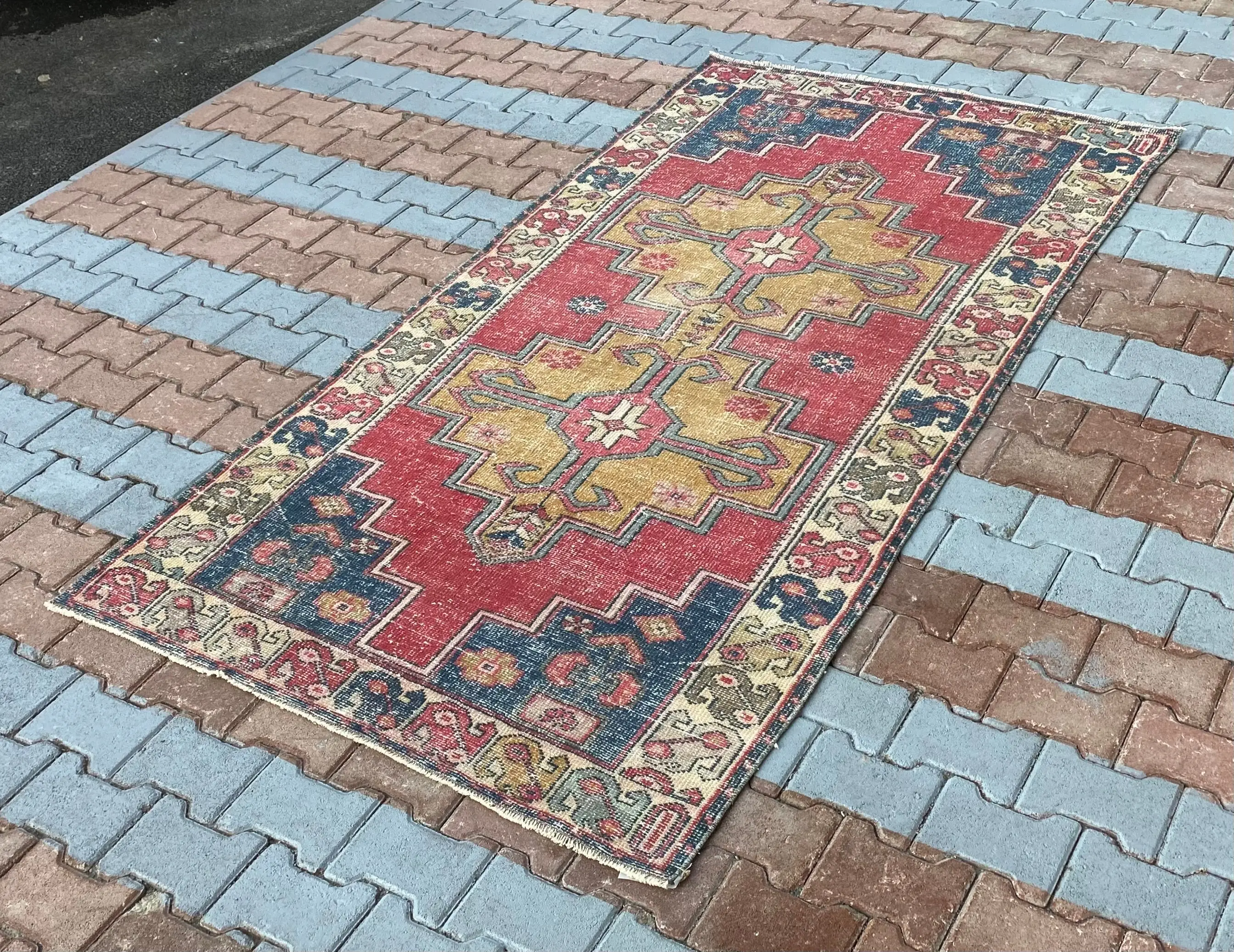 Turkish 4.2x8.4 ft Rug, Vintage Rug, Red Floral Wool Rug - 1
