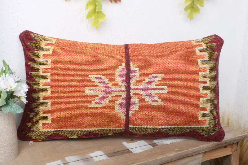 Kilim Pillow, Boho Chic Pillow Cover, Tribal Cushion Cover, Cushion, Throw Kilim Pillow, Kilim Cushion Sham, 12x24 Orange Pillow Sham - 4