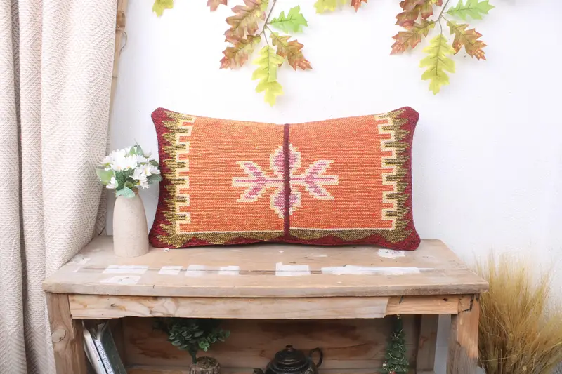 Kilim Pillow, Boho Chic Pillow Cover, Tribal Cushion Cover, Cushion, Throw Kilim Pillow, Kilim Cushion Sham, 12x24 Orange Pillow Sham - 1