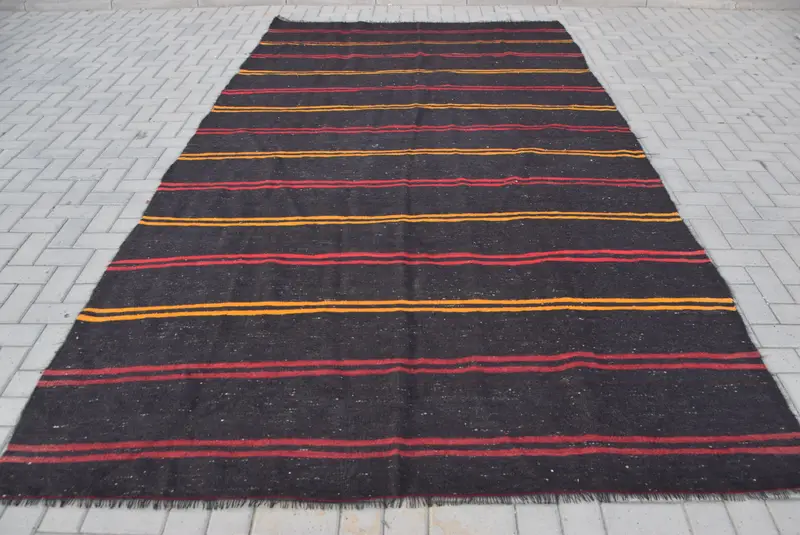 Vintage Kilim Oversize Rug 7x12.4 ft (212x378 cm), Turkish Black Oriental Wool Rug - 1