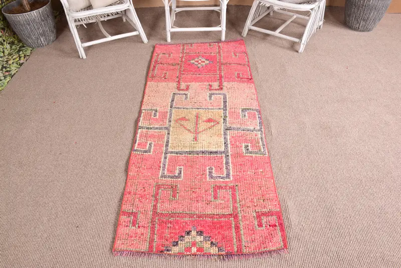 Vintage Türk Vurgulu Halı 2.5x6.2 ft, Kırmızı Mavi İkat Halı - 1