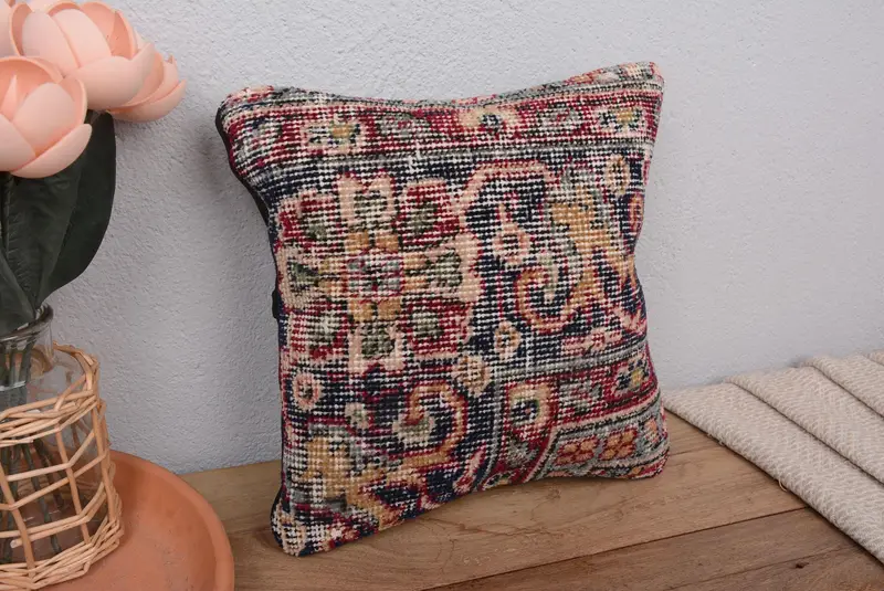 Almohada de tiro azul y rojo del suroeste hecha a mano, cojín bordado vintage