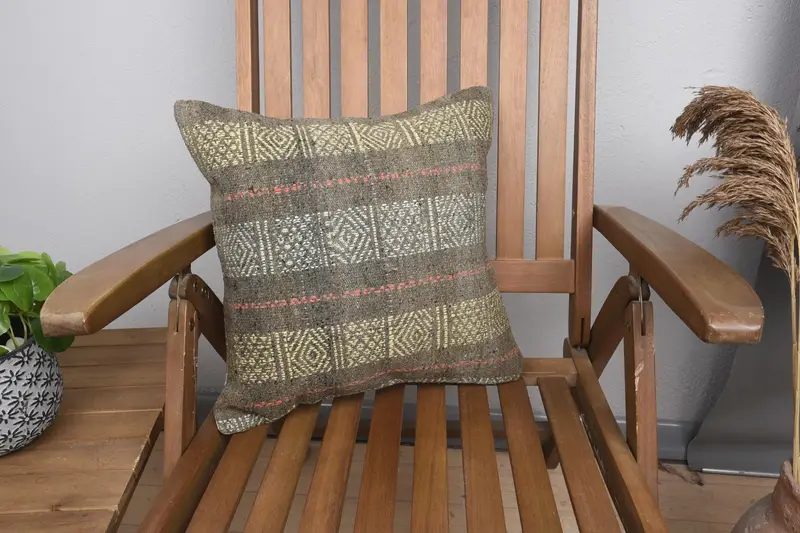 Ethnical Kilim Rug Pillow, Pillow Case, Bright Cushion Cover, Throw Kilim Pillow, 16x16 Yellow Pillow Case, Boho Pillow, Couch Cushion Cover - 1