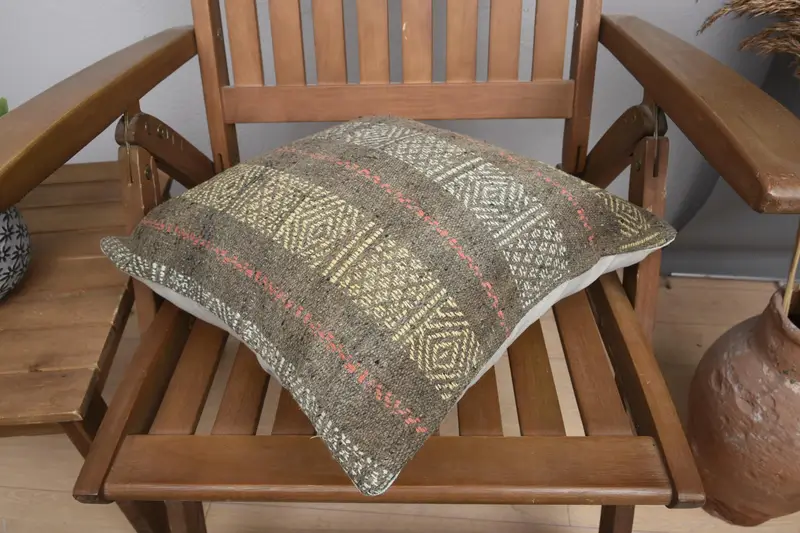 Ethnical Kilim Rug Pillow, Pillow Case, Bright Cushion Cover, Throw Kilim Pillow, 16x16 Yellow Pillow Case, Boho Pillow, Couch Cushion Cover - 4