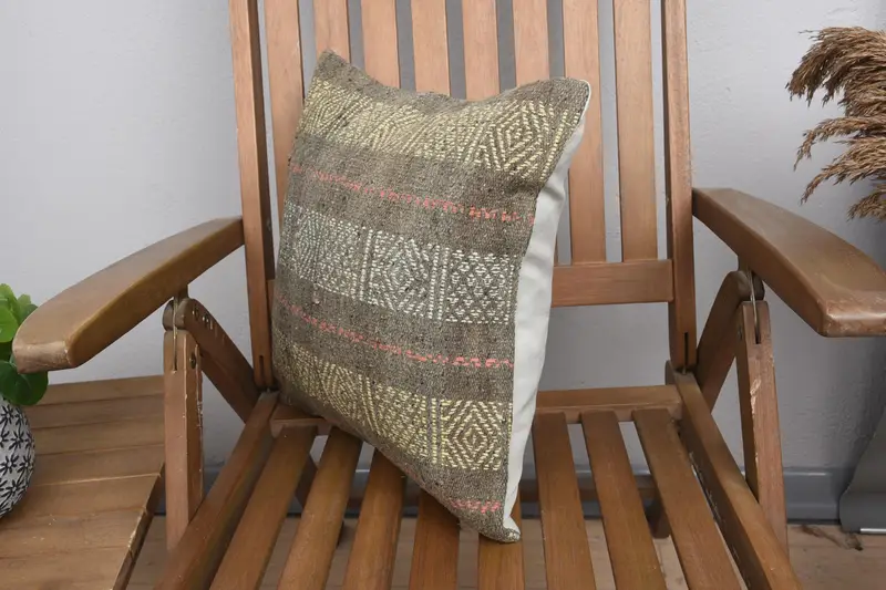 Ethnical Kilim Rug Pillow, Pillow Case, Bright Cushion Cover, Throw Kilim Pillow, 16x16 Yellow Pillow Case, Boho Pillow, Couch Cushion Cover - 3