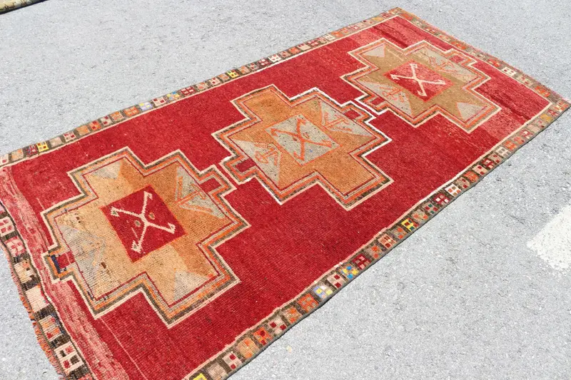 4.2x7.9 ft Rug, Turkish Vintage Rug, Oushak Red Solid Rug - 1