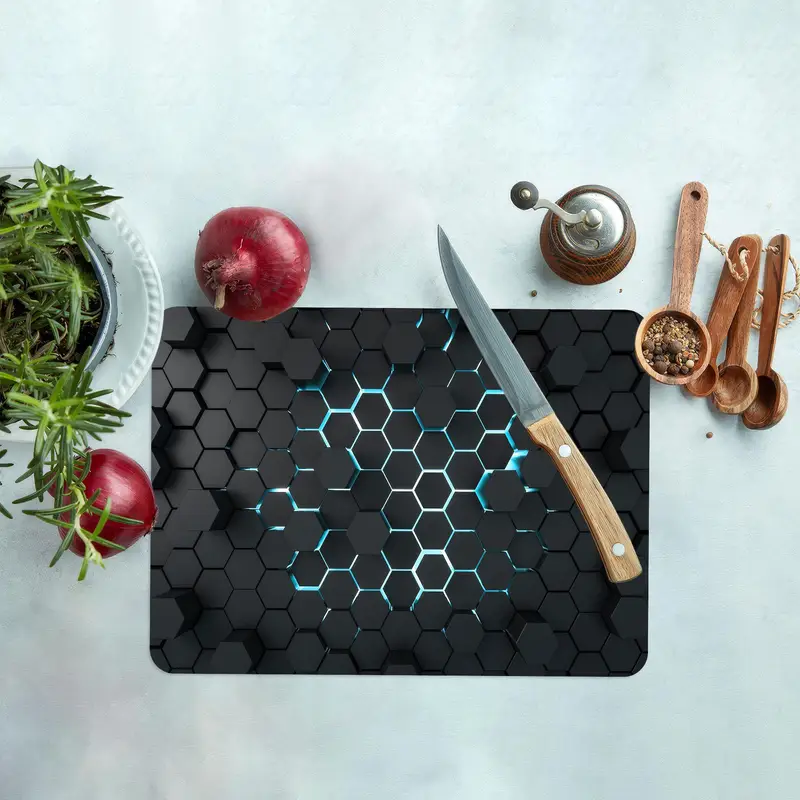 Geometrik Şekilli Tasarımlı Çağdaş Siyah Cam Kesme Tahtası