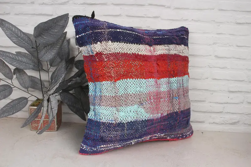Pillow, Kilim Cushion Sham, Kilim Pillow, 20x20 Blue Pillow Sham, Yoga Pillow Case, Turkish Kilim Pillow, Muted Cushion Cover - 3